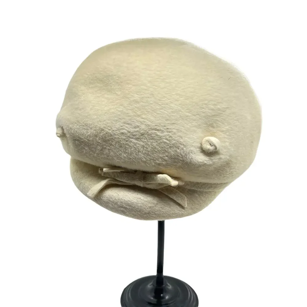 Beaver Fur Cap Hat Mushroom Cream Made in USA & Italy Midcentury Women SZ 7 - Picture 2 of 12